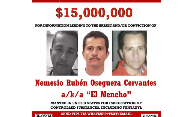 This wanted poster released on Dec. 4, 2024 on the U.S. State Department website shows leader of the Jalisco New Generation Cartel, Nemesio Rubén Oseguera Cervantes, known as “El Mencho.” (U.S. State Department via AP)