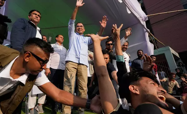 Tarique Rahman, the son of former Prime Minister Khaleda Zia and chairman of the Bangladesh Nationalist Party (BNP), attends an election rally ahead of national election in Dhaka, Bangladesh, on Feb. 8, 2026. (AP Photo/Anupam Nath)