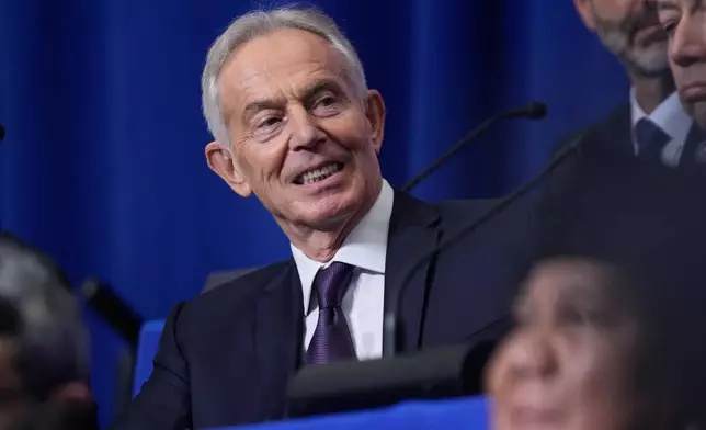 Tony Blair, former Prime Minister of the United Kingdom, attends a Board of Peace meeting at the U.S. Institute of Peace, Thursday, Feb. 19, 2026, in Washington. (AP Photo/Mark Schiefelbein)