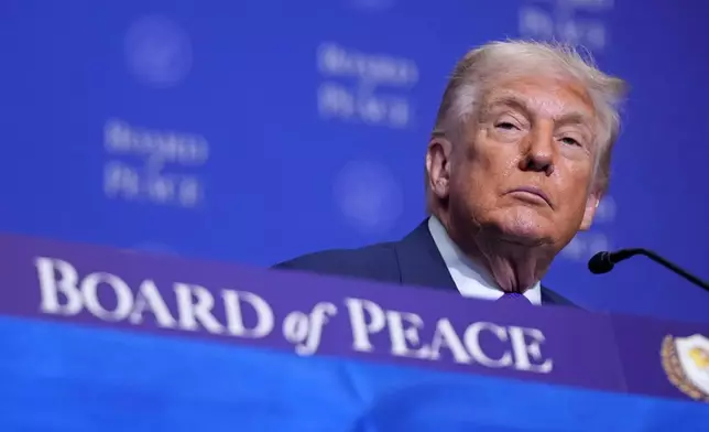President Donald Trumpl listens during a Board of Peace meeting at the U.S. Institute of Peace, Thursday, Feb. 19, 2026, in Washington. (AP Photo/Mark Schiefelbein)