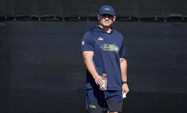 Seattle Seahawks head coach Mike Macdonald walks the field during an NFL Super Bowl football practice on Friday, Feb. 6, 2026, in San Jose, Calif., ahead of Super Bowl 60 between the New England Patriots and the Seattle Seahawks. (AP Photo/Brynn Anderson)