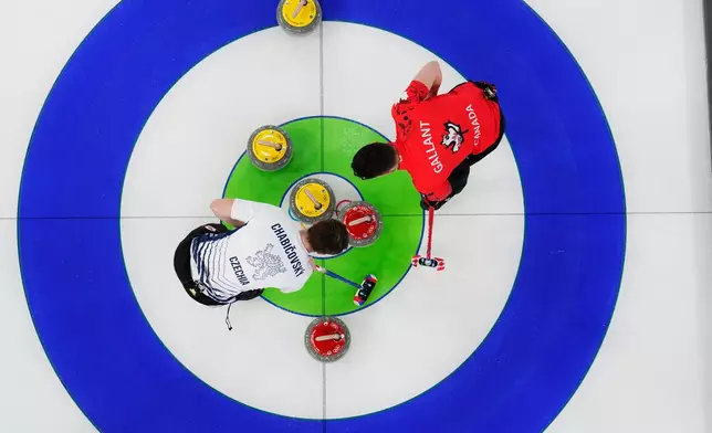 Canada's Brett Gallant, right, and Czech Republic's Vit Chabicovsky compete during a curling mixed doubles session at the 2026 Winter Olympics in Cortina d'Ampezzo, Italy, Wednesday, Feb. 4, 2026. (AP Photo/David J. Phillip)