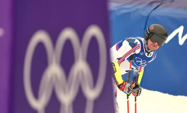 Norway's Adrian Smiseth Sejersted at the finish area, during the alpine ski, men's downhill first official training, at the 2026 Winter Olympics, in Bormio, Italy, Wednesday, Feb. 4, 2026. (AP Photo/Pier Marco Tacca)