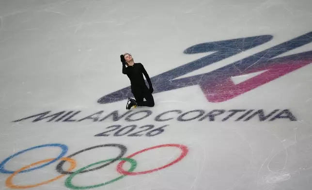 Ilia Malinin, of the United States, practices during a figure skating training session ahead of the 2026 Winter Olympics, in Milan, Italy, Tuesday, Feb. 3, 2026. (AP Photo/Christophe Ena)