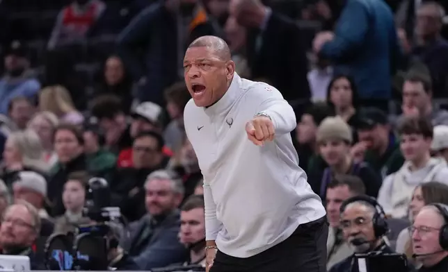 Milwaukee Bucks head coach Doc Rivers reacts during the first half of an NBA basketball game Tuesday, Feb. 3, 2026, in Milwaukee. (AP Photo/Morry Gash)