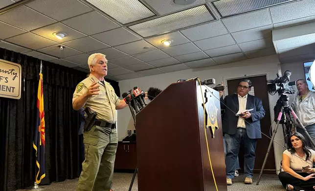 Pima County Sheriff Chris Nanos speaks at a news conference, Tuesday, Feb. 3, 2026, in Tucson, Ariz., to provide updates in the disappearance of Nancy Guthrie, the mother of “Today” show host Savannah Guthrie. (AP Photo/Sejal Govindarao)