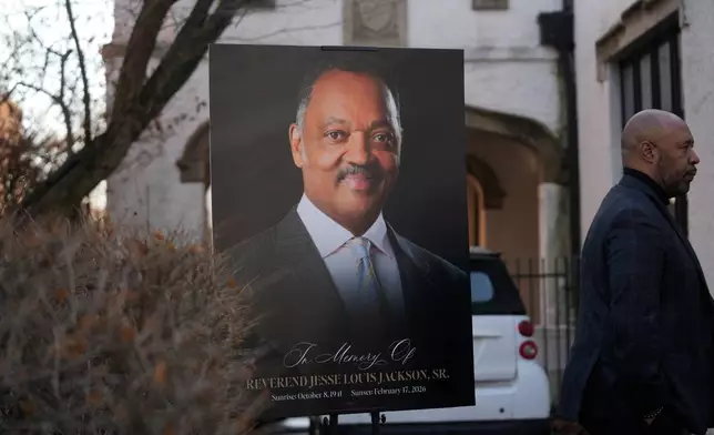 A picture of the Rev. Jesse Jackson is displayed during a news conference outside the family home, a day after his passing, Wednesday, Feb. 18, 2026, in Chicago. (AP Photo/Erin Hooley)