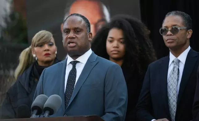 Congressman Jonathan Jackson speaks during a news conference regarding the death of his father, the Rev. Jesse Jackson, outside the family home Wednesday, Feb. 18, 2026, in Chicago. (AP Photo/Erin Hooley)