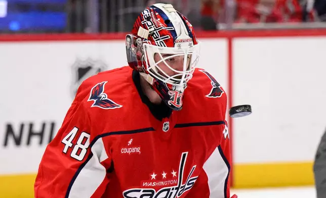 Washington Capitals goaltender Logan Thompson (48) watches the puck during the second period of an NHL hockey game against the Vegas Golden Knights, Friday, Feb. 27, 2026, in Washington. (AP Photo/Nick Wass)