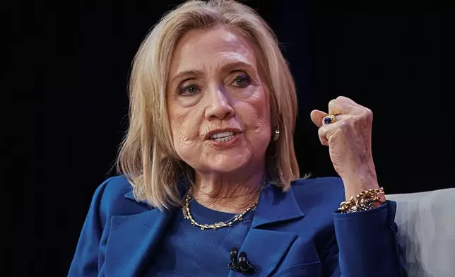 FILE - Former U.S. Secretary of State Hillary Clinton speaks during the Clinton Global Initiative, Sept. 24, 2025, in New York. (AP Photo/Andres Kudacki, File)