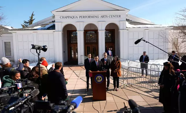 Rep. Robert Garcia, D-Calif. Speaks outside the Chappaqua Performing Arts Center before the arrival of former Secretary of State Hillary Clinton who is testifying before U.S. House lawmakers as part of a congressional investigation into convicted sex offender Jeffrey Epstein, Thursday, Feb. 26, 2026, in Chappaqua, N.Y. (AP Photo/Yuki Iwamura)