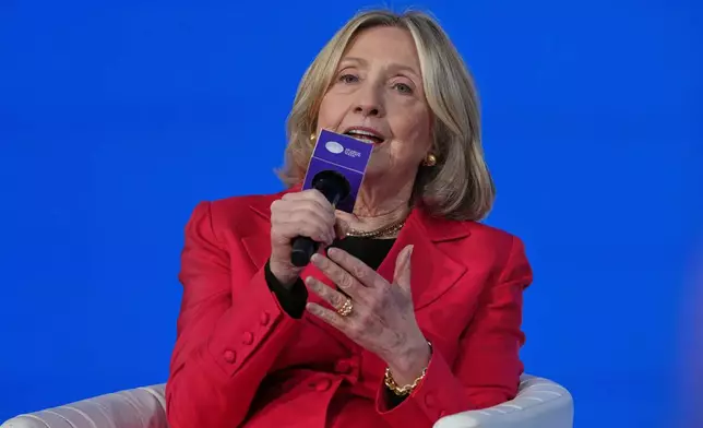 FILE - Former Secretary of State Hillary Clinton speaks at the inaugural Mumbai Climate Week in Mumbai, Feb. 18, 2026. (AP Photo/ Rafiq Maqbool, File)