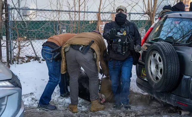 An activist is detained by federal agents on Tuesday, Feb. 3, 2026, in Minneapolis. (AP Photo/Ryan Murphy)