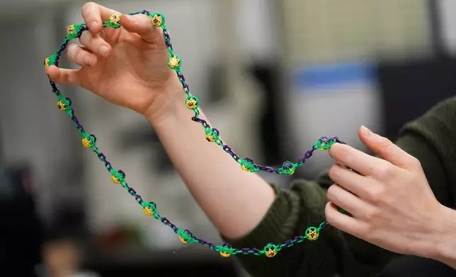 Alexis Strain, graduate student in biological sciences at Louisiana State University, shows the biodegradable Mardi Gras beads they are developing, Jan. 27, 2026, in Baton Rouge, La. (AP Photo/Gerald Herbert)