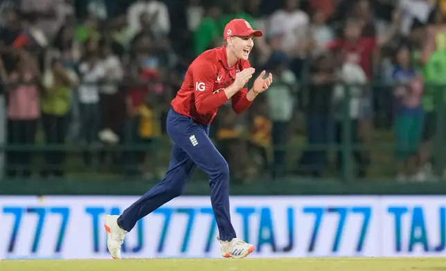 England's captain Harry Brook celebrates England's win against Sri Lanka in the third T20 cricket match at Pallekele, Sri Lanka, Tuesday, Feb, 3. 2026. (AP Photo/Eranga Jayawardena)