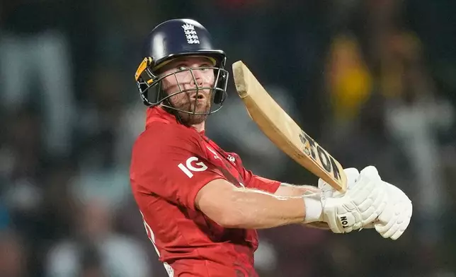 England's Phil Salt plays a shot during the first T20 cricket match between England and Sri Lanka in Pallekele, Sri Lanka, Friday, Jan, 30. 2026. (AP Photo/Eranga Jayawardena)