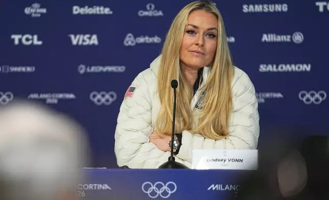 United States' Lindsey Vonn attends a press conference by the U.S. ski team at the 2026 Winter Olympics, in Cortina d'Ampezzo, Italy, Tuesday, Feb. 3, 2026. (AP Photo/Fatima Shbair)