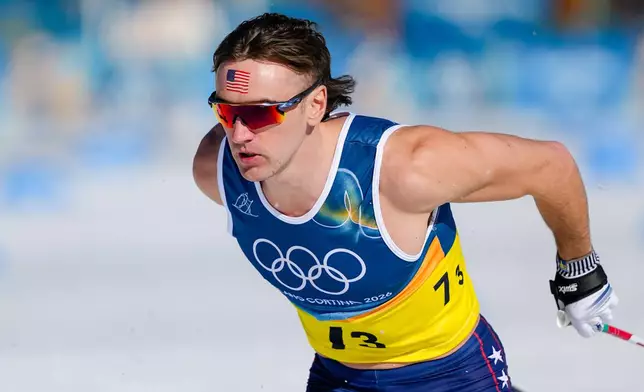 John Steel Hagenbuch, of the United States, competes in the cross country skiing men's 4 x 7.5km relay at the 2026 Winter Olympics, in Tesero, Italy, Sunday, Feb. 15, 2026. (AP Photo/Matthias Schrader)