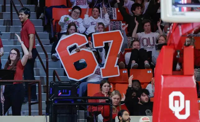 FILE - Oklahoma fans hold up a giant 6-7 sign during the second half of a NCAA college basketball game against South Carolina Thursday, Jan. 22, 2026 in Norman, Okla. (AP Photo/Alonzo Adams, File)