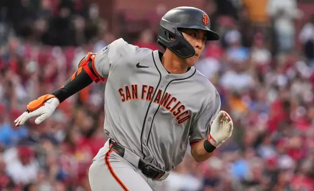 FILE - San Francisco Giants' Jung Hoo Lee hits a single during the third inning of a baseball game against the St. Louis Cardinals, Sept. 6, 2025, in St. Louis. (AP Photo/Jeff Roberson, File)