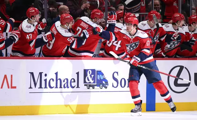 Washington Capitals center Dylan Strome (17) celebrates his goal during the second period of an NHL hockey game against the Carolina Hurricanes, Saturday, Jan. 31, 2026, in Washington. (AP Photo/Nick Wass)