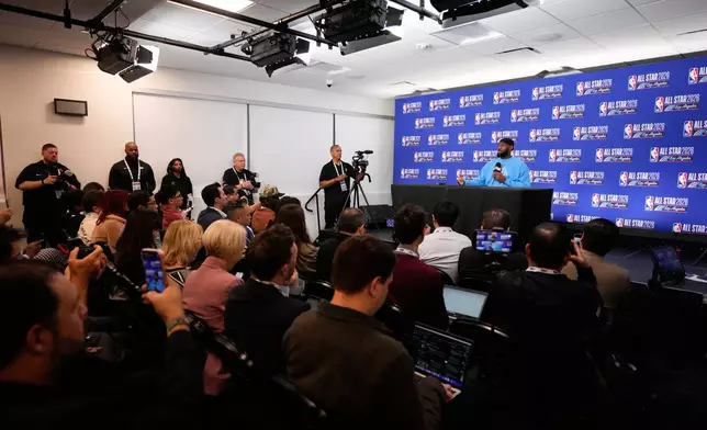 USA Stripes forward LeBron James (23) answers questions before the NBA All-Star basketball game Sunday, Feb. 15, 2026, in Inglewood, Calif. (AP Photo/Mark J. Terrill)
