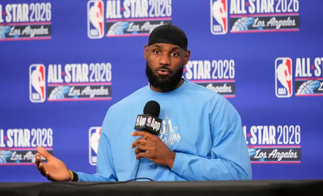 USA Stripes forward LeBron James (23) answers questions before the NBA All-Star basketball game Sunday, Feb. 15, 2026, in Inglewood, Calif. (AP Photo/Mark J. Terrill)