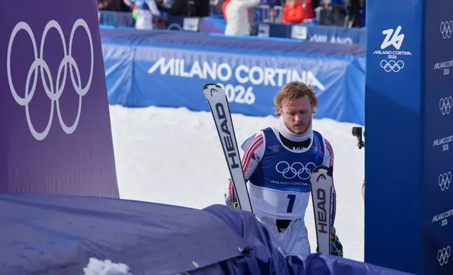 Norway's Atle Lie McGrath arrives at the finish area of an alpine ski, men's slalom race, at the 2026 Winter Olympics, in Bormio, Italy, Monday, Feb. 16, 2026. (AP Photo/Rebecca Blackwell)