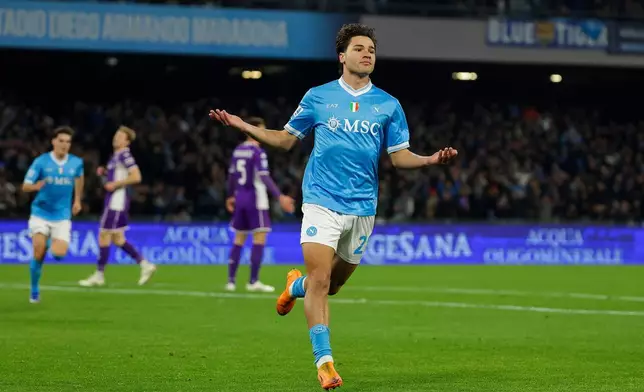 Napoli's Antonio Vergara celebrates after scoring during the Italian Serie A soccer match between Napoli and Fiorentina in Naples, Italy, Saturday, Jan. 31, 2026. (Alessandro Garofalo/LaPresse via AP)