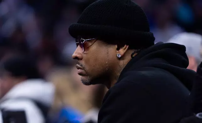 Former Philadelphia 76ers player Allen Iverson looks on during the first half of an NBA basketball game against the New Orleans Pelicans, Saturday, Jan. 31, 2026, in Philadelphia. (AP Photo/Chris Szagola)