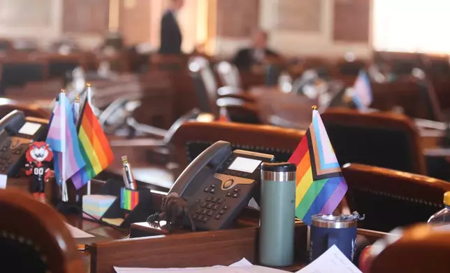 Small transgender and LGBTQ rights flags sit on the desks of Kansas state Reps. Tobias Schlingensiepen, right, D-Topeka, and Kirk Haskins, left, also D-Topeka, in the Kansas House chamber, protesting a new law that will prevent transgender people from changing their driver's licenses and birth certificates to reflect their gender identities and nullify past changes, Thursday, Feb. 19, 2026, at the Statehouse in Topeka, Kansas. (AP Photo/John Hanna)