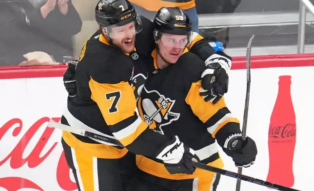 Pittsburgh Penguins' Noel Acciari (55) celebrates after his goal with teammate Ilya Solovyov (7) during the first period of an NHL hockey game against the New York Rangers in Pittsburgh, Saturday, Jan. 31, 2026. (AP Photo/Gene J. Puskar)
