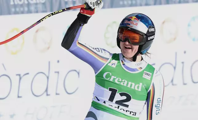 Germany's Emma Aicher reacts at the finish area during a women's World Cup super-G race, in Soldeu, Andorra, Saturday, Feb. 28, 2026. (AP Photo/Marco Trovati)