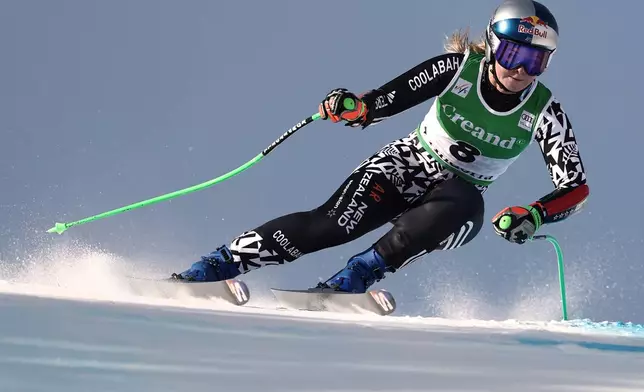New Zealand's Alice Robinson speeds down the course during a women's World Cup super-G race, in Soldeu, Andorra, Saturday, Feb. 28, 2026. (AP Photo/Gabriele Facciotti)