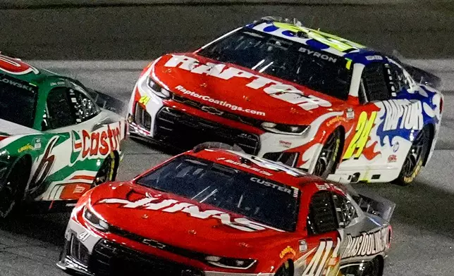 William Byron, (24) runs on the track before a crash during the first of two NASCAR Daytona 500 qualifying auto races at Daytona International Speedway, Thursday, Feb. 12, 2026, in Daytona Beach, Fla. (AP Photo/Mike Stewart)