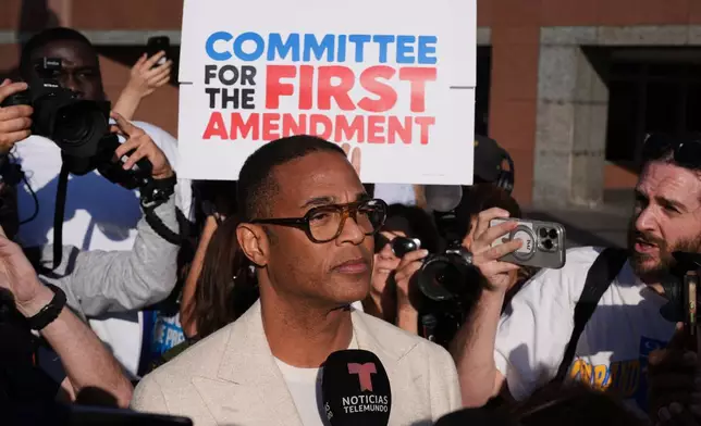 Journalist Don Lemon, talks to the media after a hearing at the Edward R. Roybal Federal Building in Los Angeles on Friday, Jan. 30, 2026. (AP Photo/Damian Dovarganes)
