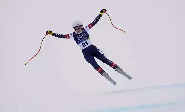 United States' Mary Bocock competes during an alpine ski, women's super-G race, at the 2026 Winter Olympics, in Cortina d'Ampezzo, Italy, Thursday, Feb. 12, 2026. (AP Photo/Robert F. Bukaty)