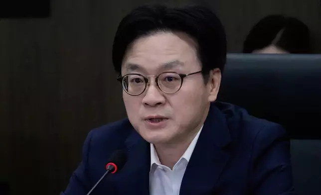 South Korean Trade Minister Kim Jung-kwan speaks during a public-private joint meeting to discuss response to U.S. tariff policies at the headquarters of the Korea Chamber of Commerce and Industry in Seoul, South Korea, Monday, Feb. 23, 2026. (AP Photo/Ahn Young-joon)