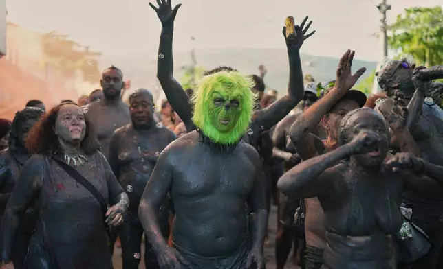 A reveler wears a Grinch mask during the Mud Block carnival party in Paraty, Brazil, Saturday, Feb. 14, 2026. (AP Photo/Andre Penner)
