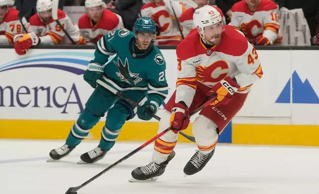 Calgary Flames right wing Adam Klapka (43) skates with the puck against San Jose Sharks center Alexander Wennberg (21) during the second period of an NHL hockey game in San Jose, Calif., Thursday, Feb. 26, 2026. (AP Photo/Jeff Chiu)