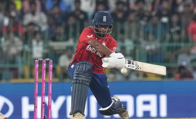 England's Rehan Ahmed plays a shot during the T20 World Cup cricket match between England and New Zealand in Colombo, Sri Lanka, Friday, Feb. 27, 2026. (AP Photo/Eranga Jayawardena)