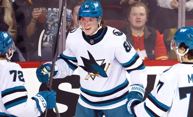 San Jose Sharks' Adam Gaudette (81) celebrates with teammates after his goal against the Calgary Flames during second-period NHL hockey game action in Calgary, Alberta, Saturday, Jan. 31, 2026. (/Larry MacDougal/The Canadian Press via AP)