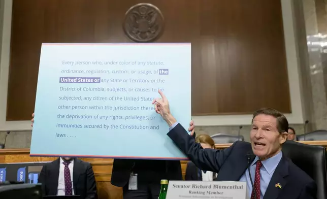 Sen. Richard Blumenthal, D-Conn., speaks during a Bicameral Public Forum on the Disproportionate Use of Force by DHS Agents, on Capitol Hill, Tuesday, Feb. 3, 2026, in Washington. (AP Photo/Rod Lamkey, Jr.)