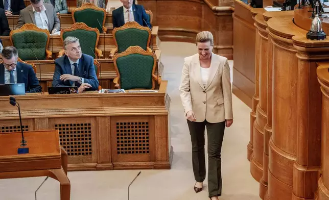 Danish Prime Minister Mette Frederiksen arrives at the Folketing hall, the Danish parliament, in Copenhagen, Thursday, Feb. 26, 2026. (Thomas Traasdahl/Ritzau Scanpix via AP)