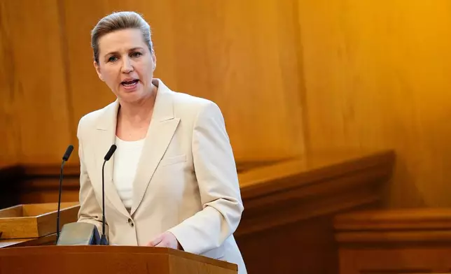 Danish Prime Minister Mette Frederiksen announces an upcoming parliamentary election, in the Parliament Hall at Christiansborg, in Copenhagen, Thursday, Feb. 26, 2026. (Thomas Traasdahl/Ritzau Scanpix via AP)
