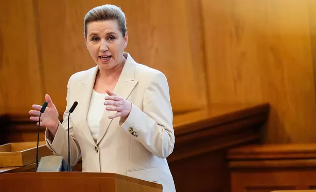 Danish Prime Minister Mette Frederiksen announces an upcoming parliamentary election, in the Parliament Hall at Christiansborg, in Copenhagen, Thursday, Feb. 26, 2026. (Thomas Traasdahl/Ritzau Scanpix via AP)