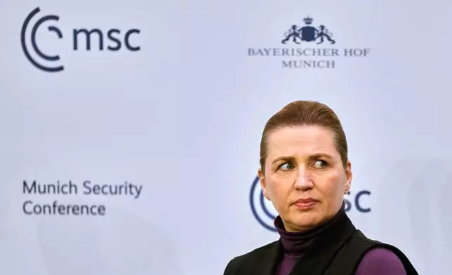 Denmark's Prime Minister Mette Frederiksen during a panel discussion at the Munich Security Conference in Munich, Germany, Saturday, Feb. 14, 2026. (AP Photo/Michael Probst)