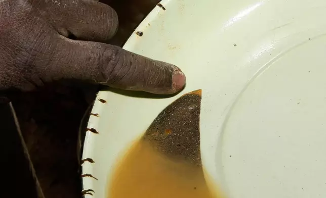 FILE - Julius Mthembu points to the glimmering gold in an abandoned gold mine in Roodepoort, South Africa, Nov. 2, 2012. (AP Photo/Themba Hadebe, File)