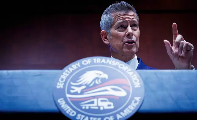 U.S. Department of Transportation Secretary Sean Duffy speaks during a news conference on enhancing truck driving safety at the U.S. Department of Transportation on Friday, Feb. 20, 2026, in Washington. (AP Photo/Tom Brenner)