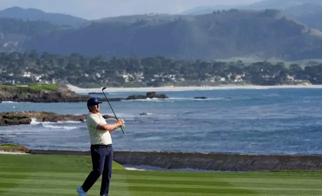 Chris Gotterup hits from the 18th fairway at Pebble Beach Golf Links during the first round of the AT&amp;T Pebble Beach Pro-Am golf tournament in Pebble Beach, Calif., Thursday, Feb. 12, 2026. (AP Photo/Godofredo A. Vásquez)